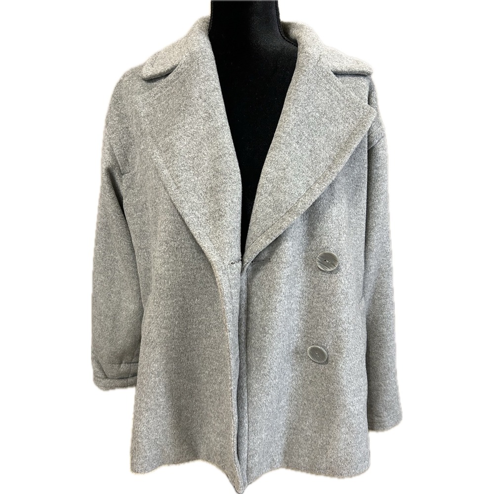 J.Jill Women's S Gray Wool Blend Double Breasted Peacoat Jacket Oversized Lapel